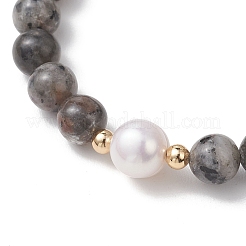 Braccialetti elastici con perline rotonde in sienite naturale e perle d'acqua dolce coltivate per le donne&nbsp;BJEW-JB13321-01