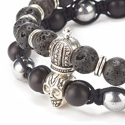 2 pz 2 braccialetti di perline intrecciate in pietra lavica naturale ed ematite sintetica e turchese (tinto) con teschio e corona in lega&nbsp;BJEW-JB08111