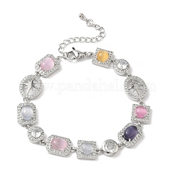 Браслеты-цепочки из латуни с микропаве из кубических цирконий и кошачьего глаза прямоугольной&nbsp;BJEW-G764-08P