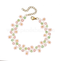 Ensembles de bracelets en perles de rocaille à fleurs et verre quartz cerise pour femmes&nbsp;BJEW-MZ00350-02