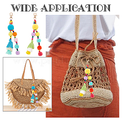 2 Stück 2 Farben bunte Boho-Pompom-Ballquaste Polyester-Anhänger-Dekorationen mit Holzperle für Frauen&nbsp;AJEW-WR0001-72