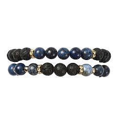 Verstellbare Stretcharmbänder aus natürlichem Apatit und natürlichem Lavagestein&nbsp;BJEW-JB14150-03