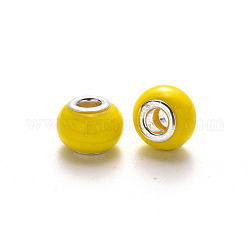 Handmade Lampwork European Beads, Large Hole Rondelle Beads, with Platinum Tone Brass Double Cores, Yellow, 14~16x9~10mm, Hole: 5mm