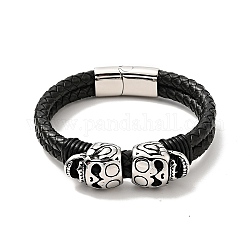 304 bracelet multi-rangs double tour perlé tête de mort acier inoxydable avec fermoir aimanté, bracelet gothique avec cordon en cuir pour homme femme, noir, 8-5/8 pouce (22 cm)