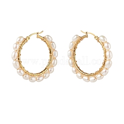 Natural Pearl Beads Brass Hoop Earrings, with 304 Stainless Steel Hooks, Linen, 36x39x4.5mm, Pin: 0.7mm