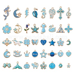 80pcs 40 pendentifs en émail en alliage de style, avec perle imitation plastique abs et strass cristal, formes mixtes, or clair, bleu, 2 pièces / style