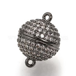 Brass Micro Pave Cubic Zirconia Magnetic Clasps with Loops, Round, Gunmetal, 16x12mm, Hole: 1mm
