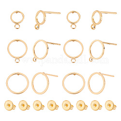 ARRICRAFT 30Pcs 3 Style Brass Cricle Stud Earring Findings, with Horizontal Loops and 30Pcs Friction Ear Nuts, Real 18K Gold Plated, 4.5~12x5.5~12x3mm, pin: 0.7mm, 10Pcs/style