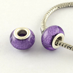 Large Hole Resin European Beads, with Silver Color Plated Brass Double Cores, Rondelle, Mauve, 14x9mm, Hole: 5mm