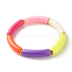 Bracciale elasticizzato con perline a tubo curvo in acrilico color caramello per ragazze donne, rosa intenso, diametro interno: 2-1/8 pollice (5.4 cm)