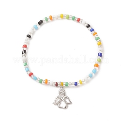 Bracelet extensible en perles de rocaille colorées avec breloques en laiton pour femme, motif ange et fée, diamètre intérieur: 2 pouce (5.2 cm), pendentifs: 16x13.5x1.5 mm