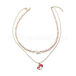 2Pcs 2 Style Alloy Enamel Mushroom Pendant Necklaces Set, Pink Opal & Synthetic Hematite & Lampwork Beaded Stackable Necklaces for Women, Golden, 15.35~17.52 inch(39~44.5cm), 1Pc/style