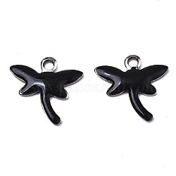 201 Stainless Steel Enamel Charms, Dragonfly, Stainless Steel Color, Black, 11.5x12x1.5mm, Hole: 1.2mm