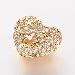 Brass Micro Pave Cubic Zirconia Beads, Heart with Flower, Hollow, Golden, 12x14x7mm, Hole: 1mm