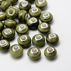 Perles européennes en porcelaine manuelles, avec noyaux double de couleur argente en alliage , rondelle, vert olive, 15x10~11mm, Trou: 5mm