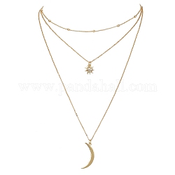 Messing-Kabel- und Satellitenketten, 3-lagige Halsketten, Halskette mit Mond- und Sonnenanhänger, golden, 15.83 Zoll (40.2 cm)