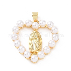 Laiton avec pendentifs en plastique ABS imitation perles, coeur avec le charme de la vierge marie, or, 25.5x25x5mm, Trou: 3.5x5mm