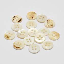 4-Hole Shell Flat Round Buttons, Seashell Color, 11x2mm, Hole: 1.5mm
