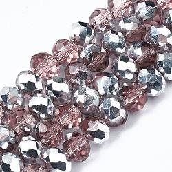 Fili di perle di vetro placcato, mezzo argento placcato, sfaccettato, rondelle, rosso violaceo chiaro, 8x6mm, Foro: 1 mm, circa 68~70pcs/filo, 17.3 pollice
