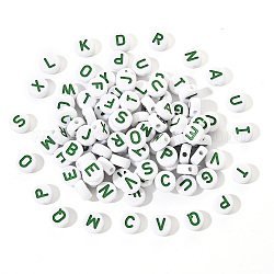Undurchsichtige weiße Acrylperlen, mit Emaille, horizontales Loch, flach rund mit dem Anfangsbuchstaben, Meergrün, 9.5x4.5 mm, Bohrung: 2 mm, 100 Stück / Set