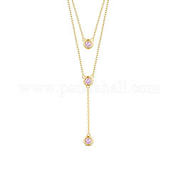 Shegrace 925 zweistufige Halsketten aus Sterlingsilber, mit drei runden rosa AAA Zirkonia Anhänger, golden, 14.96 Zoll ~ 16.54 Zoll (38~42 cm)