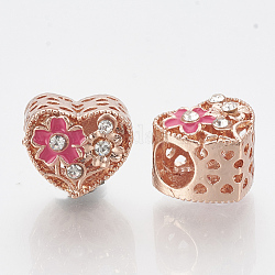 Alloy Rhinestone European Beads, with Enamel, Large Hole Beads, Hollow, Heart, Hot Pink, Crystal, Rose Gold, 10.5x12x10mm, Hole: 5mm