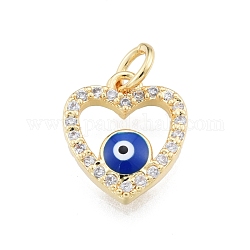 Breloques en laiton zircon cubique transparent, avec émail et anneaux de saut, or, coeur avec le mauvais œil, bleu, 13x11x3mm, Trou: 3mm