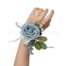 Corsage da polso a fiore imitazione panno di seta, fiore a mano per sposa o damigella d'onore, matrimonio, decorazioni per feste, azzurro acciaio chiaro, 130x120mm