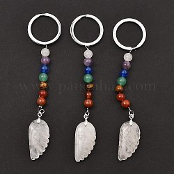 Porte-clés en plumes de cristal de quartz naturel, avec perle de pierre précieuse chakra et accessoires en laiton plaqué platine, 11.4 cm