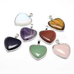 Ciondoli cuore in ottone placcato platino pietre miste naturali e sintetiche,  cadmio& piombo libero, 36x31x7mm, Foro: 4x8 mm
