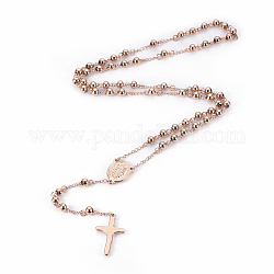 Colliers chapelet perles en 304 acier inoxydable, ovale avec la Vierge Marie, crucifix croix, pour Pâques, or rose, 26.4 pouce (67 cm)