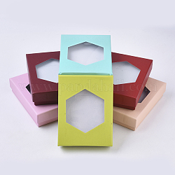 Boîtes à bijoux en carton, Pour la bague, collier, boucle, avec fenêtre transparente de forme hexagonale et éponge à l'intérieur, rectangle, couleur mixte, 9.2x7.2x2.5 cm