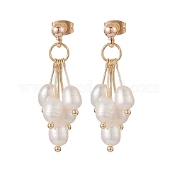 Aretes de racimo con cuentas de perlas naturales, pendientes colgantes de latón para mujer, dorado, 35mm, pin: 0.7 mm