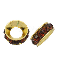 Perline distanziatori strass in ottone, grado a, rondelle, colore metallico oro, caffè, 9x4mm, Foro: 4 mm