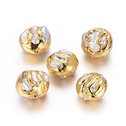 Natural Cultured Freshwater Pearl Beads, Covered with Brass, Flat Round, Golden, 26.5~28.5x25.5~28x15.5~20mm, Hole: 1mm