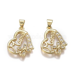Brass Micro Pave Clear Cubic Zirconia Pendants, with Snap on Bails, for Mother's Day, Long-Lasting Plated, Heart with Word Mom, Real 18K Gold Plated, 20x15.5x2.5mm, Hole: 5mm