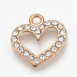Colgantes de aleación de Diamante de imitación, corazón, la luz de oro, 17x16.5x2mm, agujero: 1.5 mm