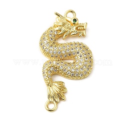 Rack Plating Brass Micro Pave Clear Cubic Zirconia Connector Charms, Dragon Links, Long-Lasting Plated, Lead Free & Cadmium Free, Real 18K Gold Plated, 32x17x3.5mm, Hole: 1.8mm