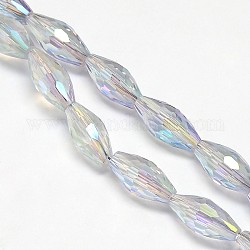 Electroplate Crystal Glass Rice Beads Strands, Faceted, Rainbow Color Plated, Light Cyan, 13x6mm, Hole: 1mm, about 50pcs/strand, 24.4inch