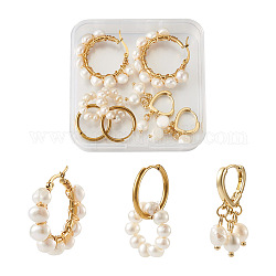 Kissitty 3 paio di orecchini a cerchio con perline di perle naturali in stile 3 per ragazze donne, oro, 30~33mm, ago :0.6~1mm, 1 paio/stile