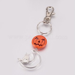 Porte-clés chaton en alliage thème halloween, avec perles synthétiques turquoises et bague en fer, citrouille jack-o'-lantern et croissant de lune avec chat, platine, orange foncé, 125mm