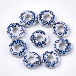 Perles de cadre de perles en porcelaine faites à la main, porcelaine bleue et blanche , beignet avec feuille, bleu marine, 19x6.5mm, Trou: 1.6mm