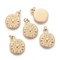 Ion Plating(IP) 304 Stainless Steel Pendants, with Jump Ring, Flat Round with Sun, Golden, 16x12x2mm, Hole: 2.8mm