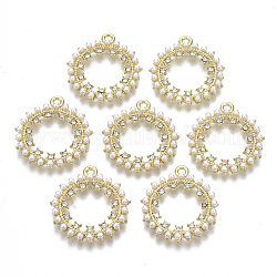 Pendente in lega, con strass di cristallo e perle di plastica imitazione abs, anello, oro chiaro, 27x24x3.5mm, Foro: 1.6 mm