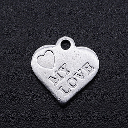 Valentine's Day Theme, 201 Stainless Steel Charms, Heart with Word My Love, Stainless Steel Color, 13x12.5x1mm, Hole: 1.5mm