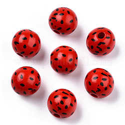 Perline di frutta in legno naturale stampate, rotondo con semi di anguria, rosso, 16x14.5mm, Foro: 3.5 mm