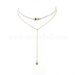 Doppellagige Halskette mit Mond- und Sternanhängern aus Messing, Natürliche Regenbogen-Mondstein-Perlenketten-Halskette für Frauen, golden, 14.96 Zoll (38 cm)