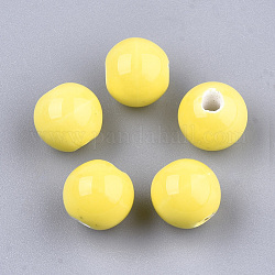 Manuell Porzellan Perlen, hell glasierten Porzellan, Runde, Gelb, 8~8.5x7.5~8 mm, Bohrung: 1.5~2 mm