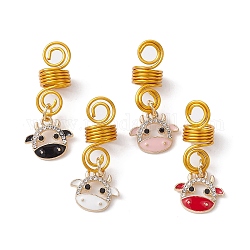 Aluminum Hair Braid Dreadlock Beads, with Zinc Alloy Charms, with Enamel and Crystal Rhinestone, Cow Head, Mixed Color, 37.5mm, Hole: 4mm, Inner Diameter: 7.5mm