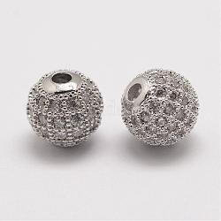 Perles de zircone cubique micro pave en Laiton, ronde, platine, 8.5x8mm, Trou: 1.5mm